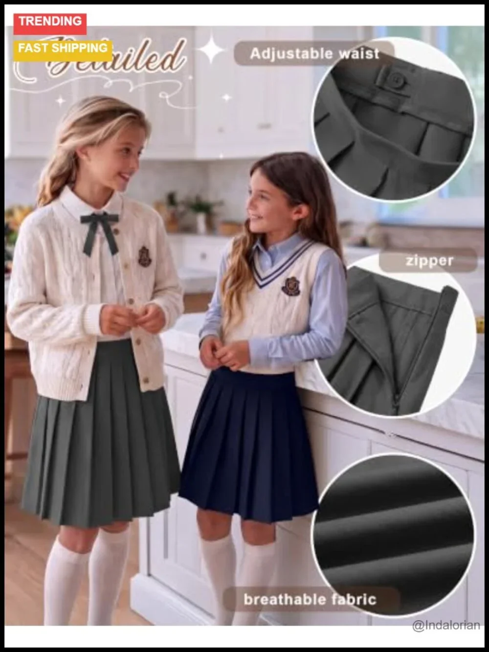 3 Pack Girls Pleated School Uniform Skirts Knee Length Adjustable Waist Skorts